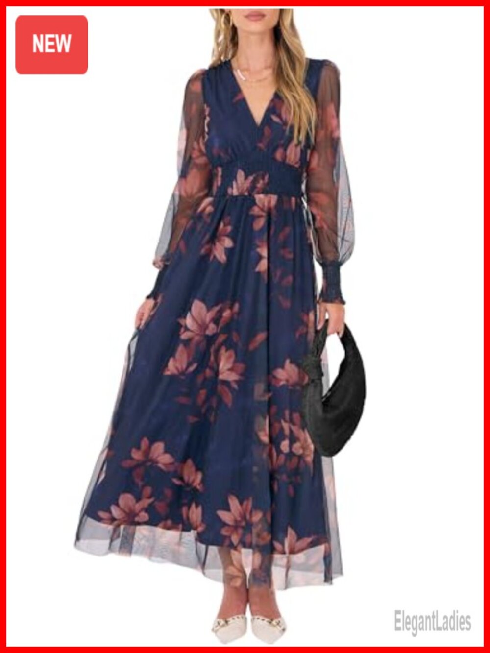 Women's Tulle Floral Maxi Dress Long Sleeve V-Neck Wedding Guest